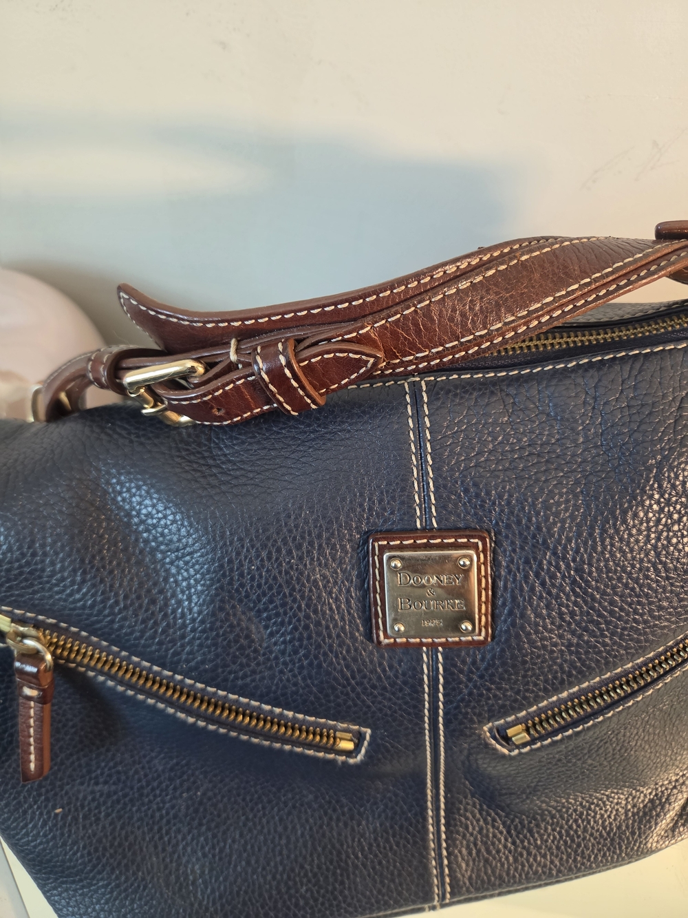 Dooney & Bourke Pebble Leather Hobo Bag in Navy with Brown Trim